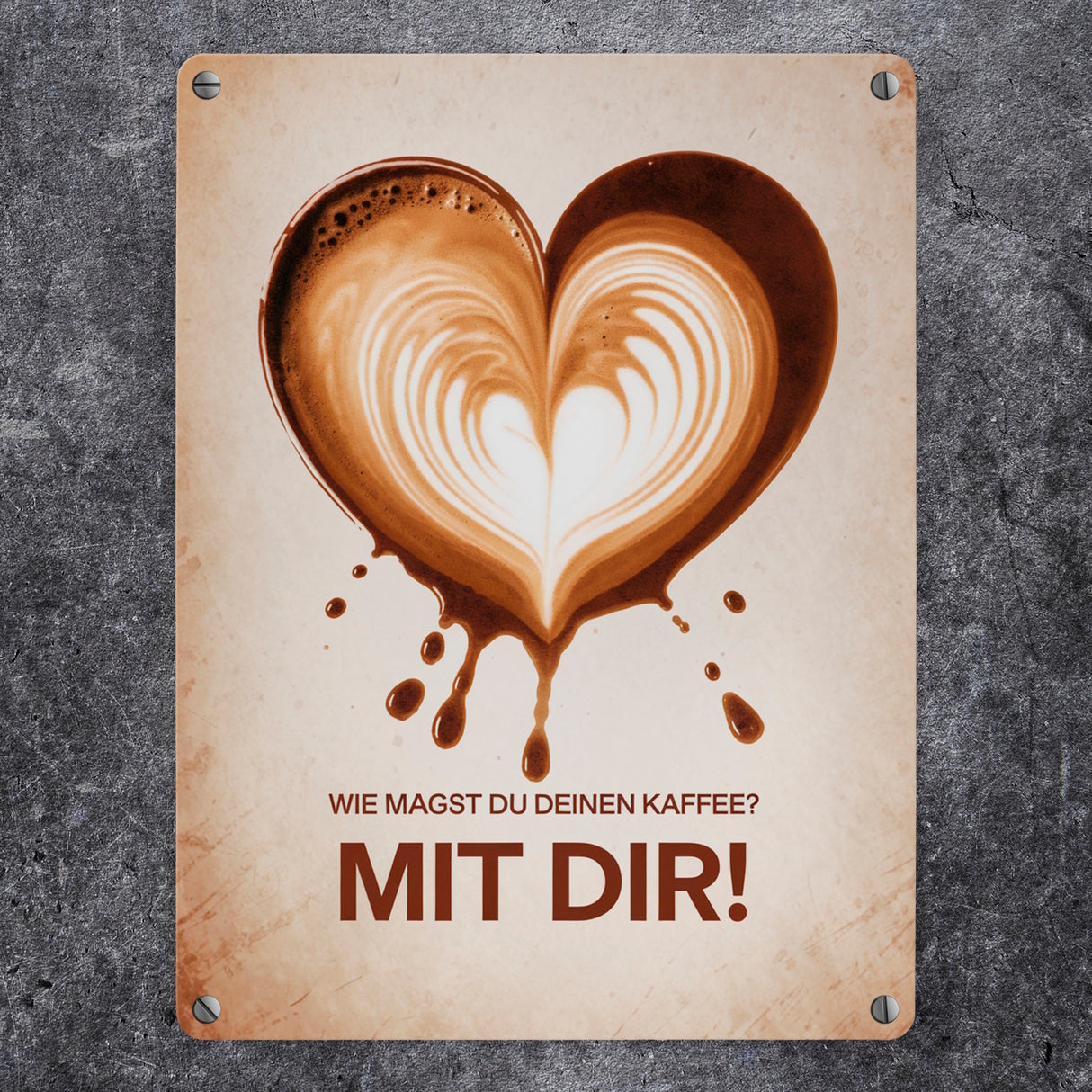 Herzförmiger Kaffeefleck Metallschild in 15x20 cm - Kaffee mit dir