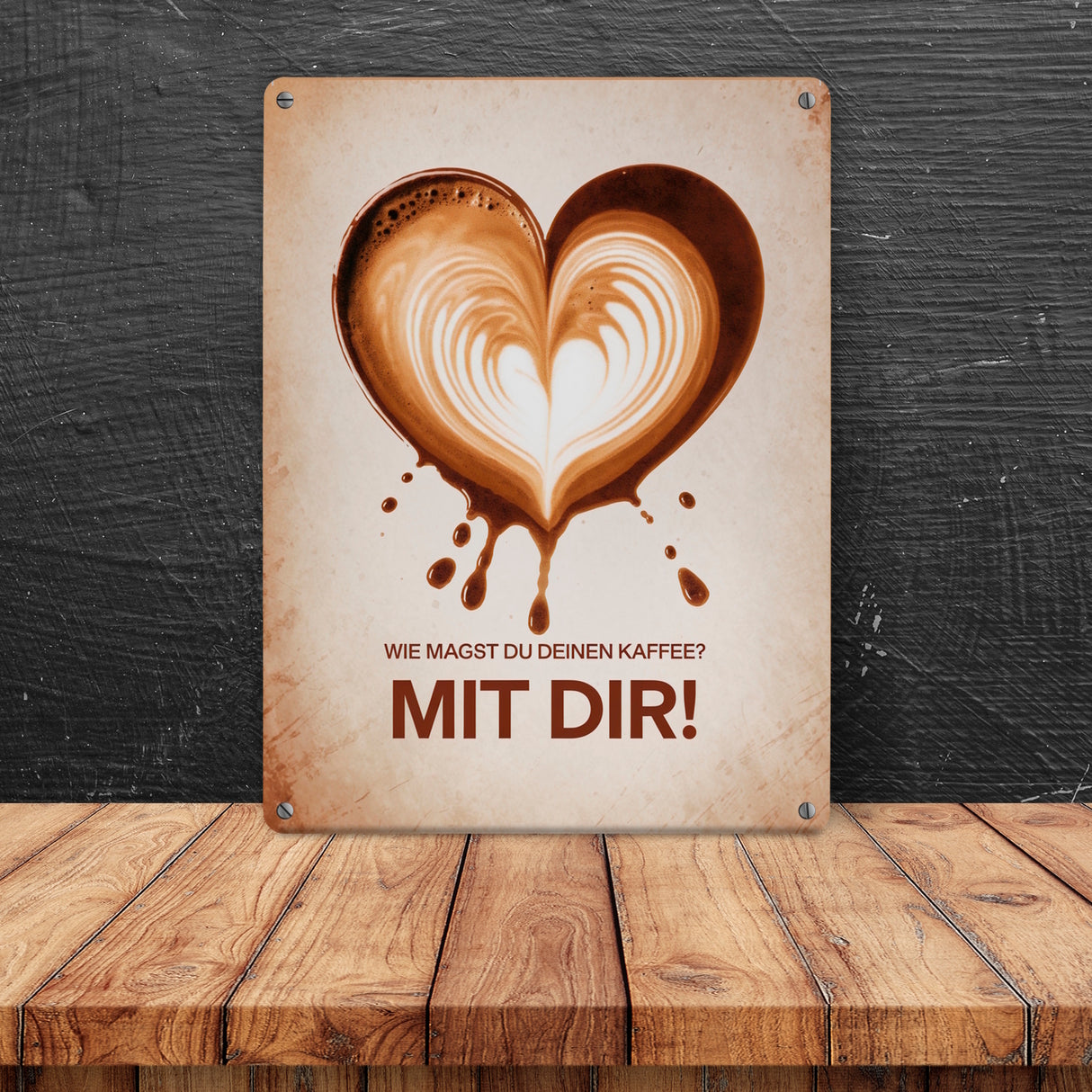 Herzförmiger Kaffeefleck Metallschild in 15x20 cm - Kaffee mit dir