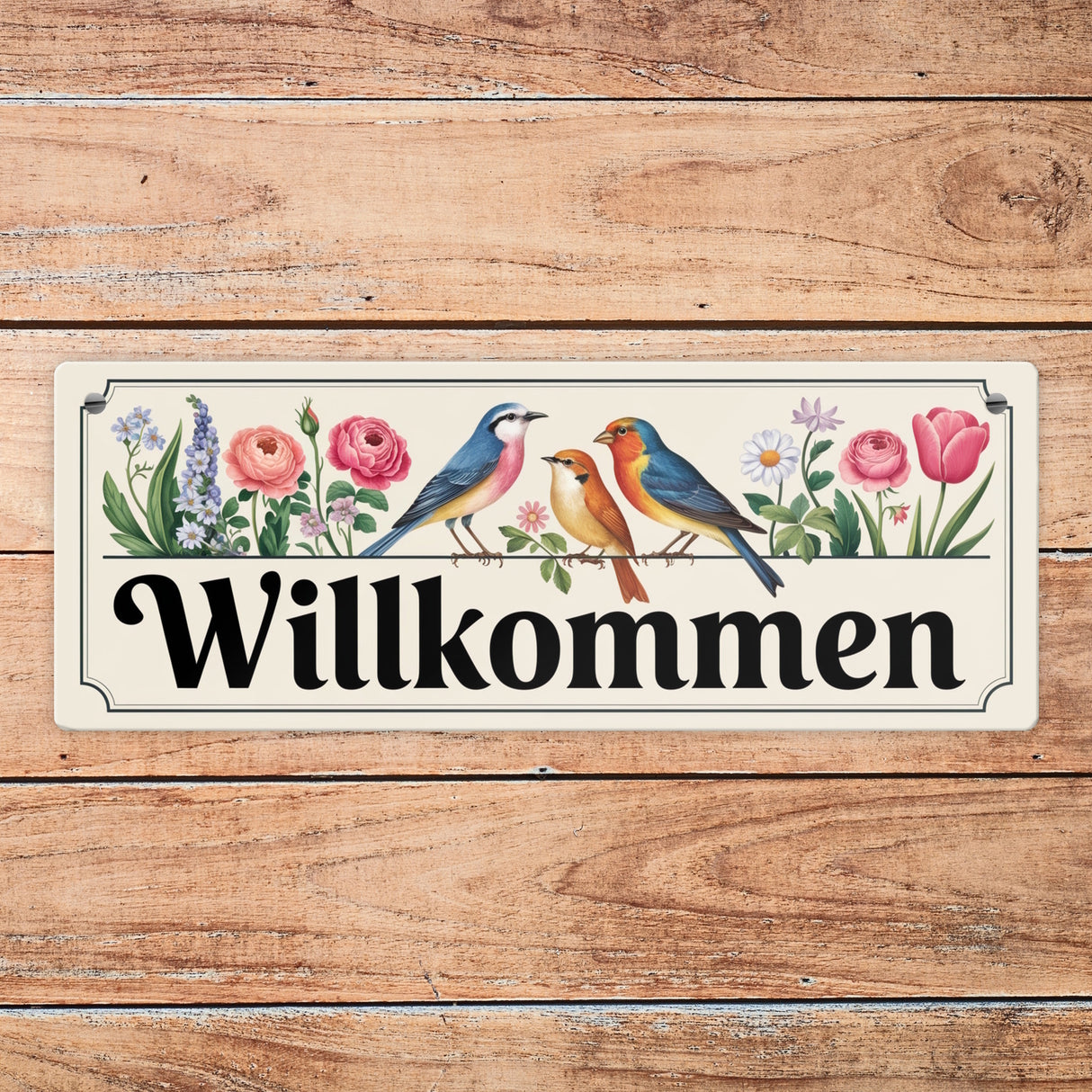 Vögel und Blumen Willkommen Metallschild - Frühling