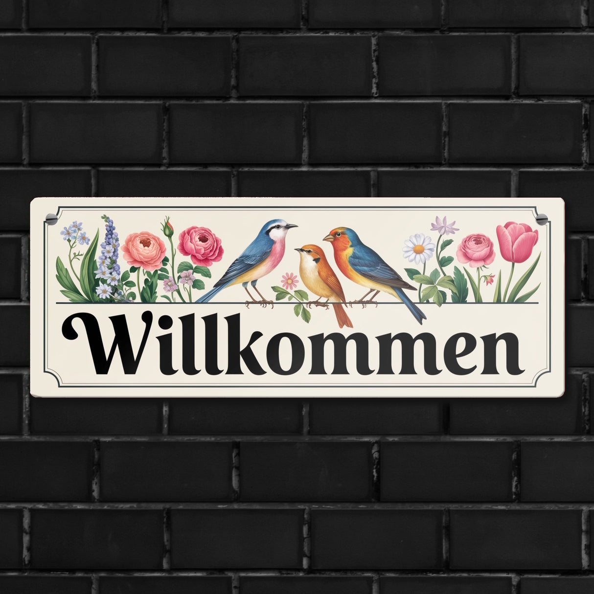Vögel und Blumen Willkommen Metallschild - Frühling