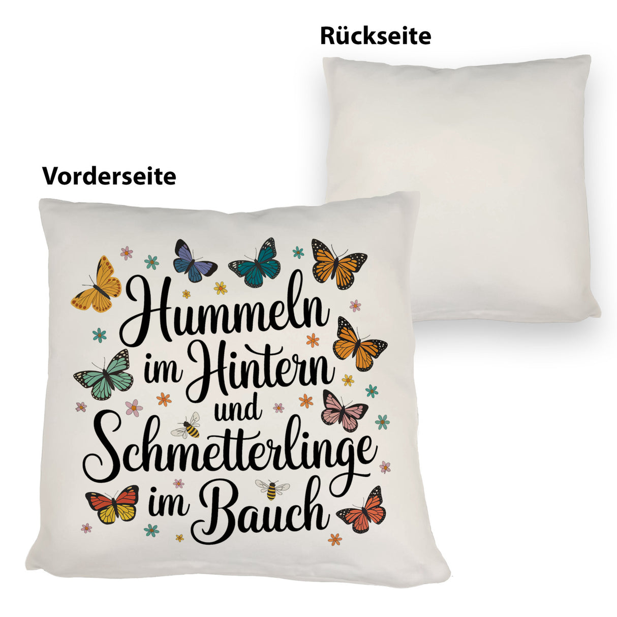 Frühlingsspruch Kissen mit Hummeln und Schmetterlingen