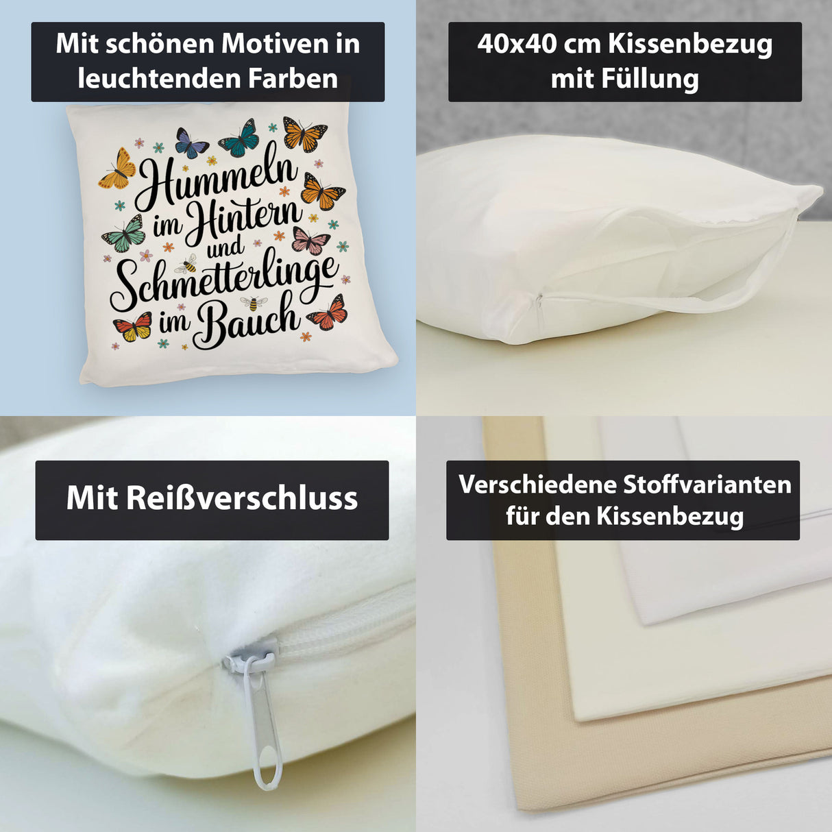 Frühlingsspruch Kissen mit Hummeln und Schmetterlingen