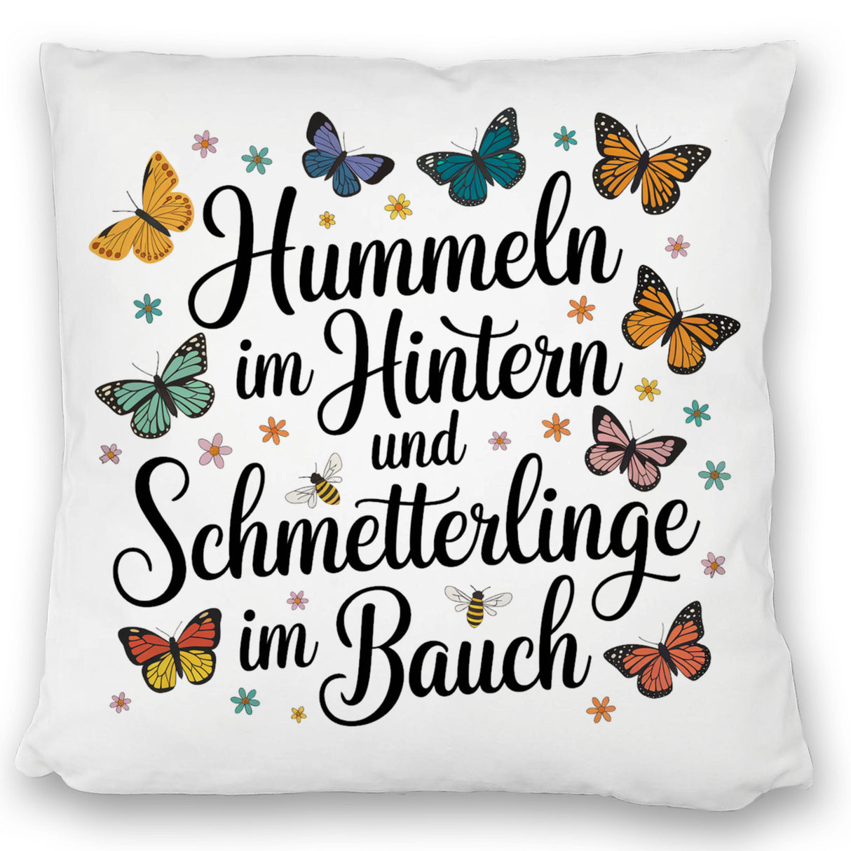 Frühlingsspruch Kissen mit Hummeln und Schmetterlingen