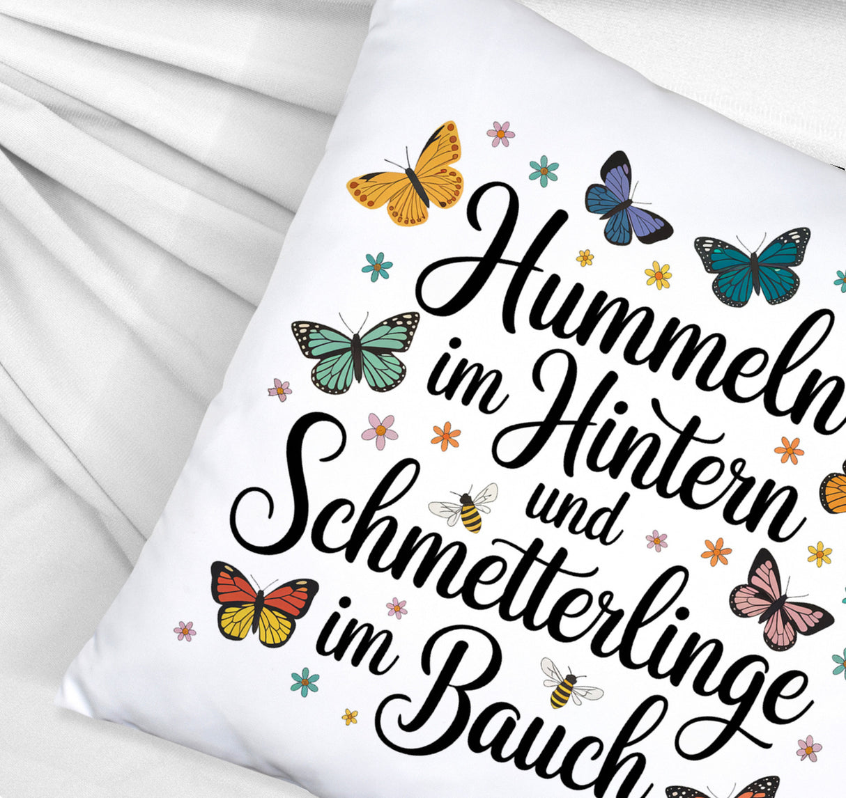 Frühlingsspruch Kissen mit Hummeln und Schmetterlingen