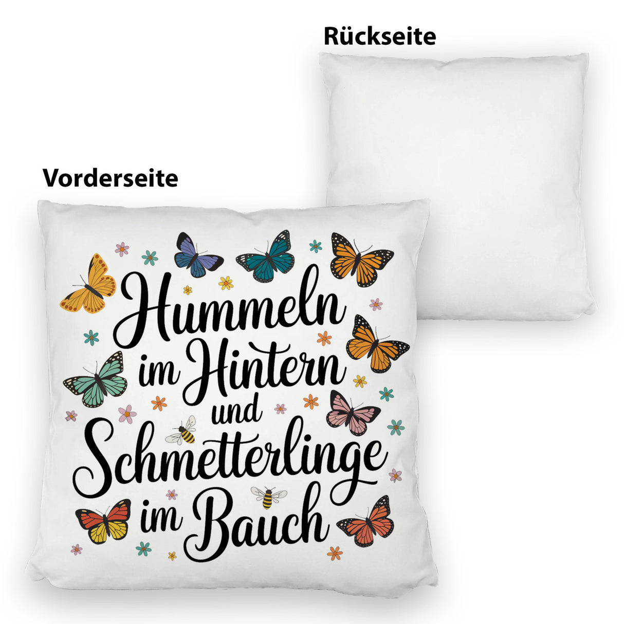 Frühlingsspruch Kissen mit Hummeln und Schmetterlingen