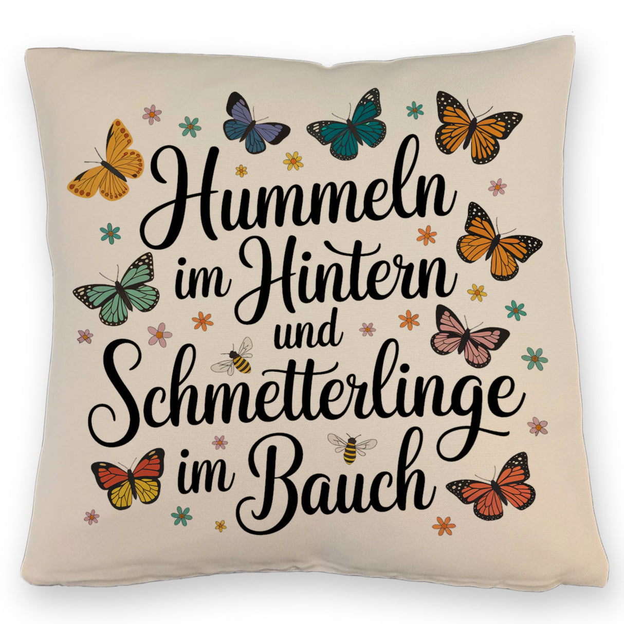 Frühlingsspruch Kissen mit Hummeln und Schmetterlingen