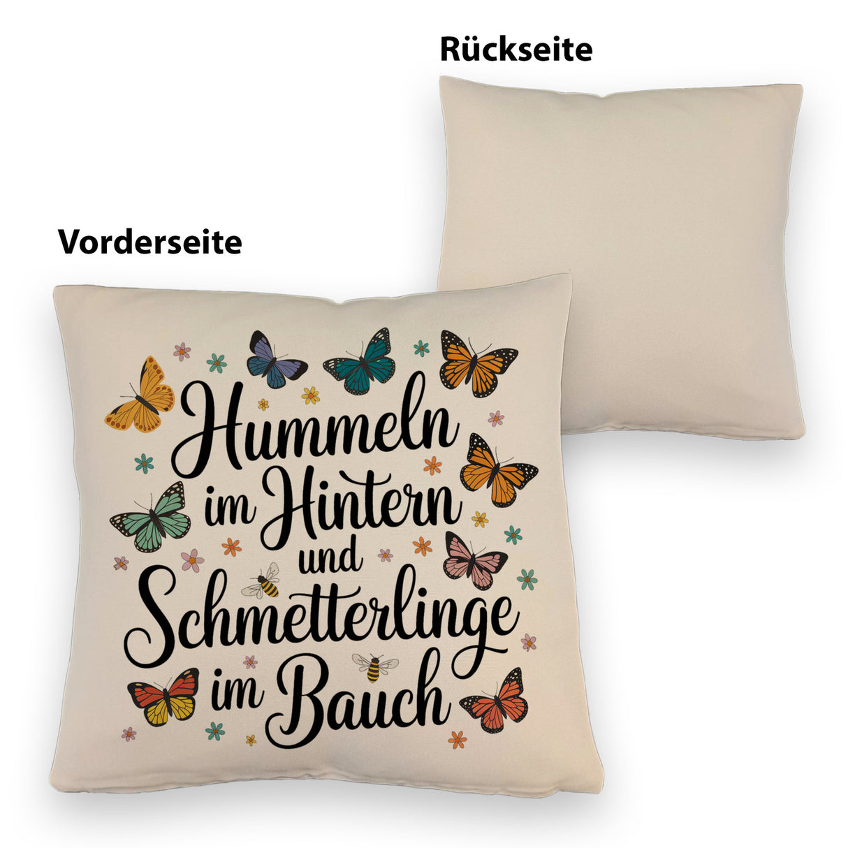 Frühlingsspruch Kissen mit Hummeln und Schmetterlingen