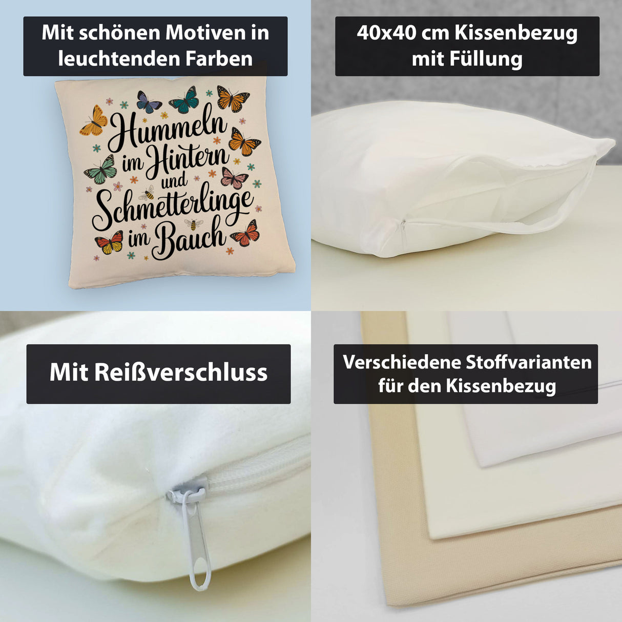 Frühlingsspruch Kissen mit Hummeln und Schmetterlingen