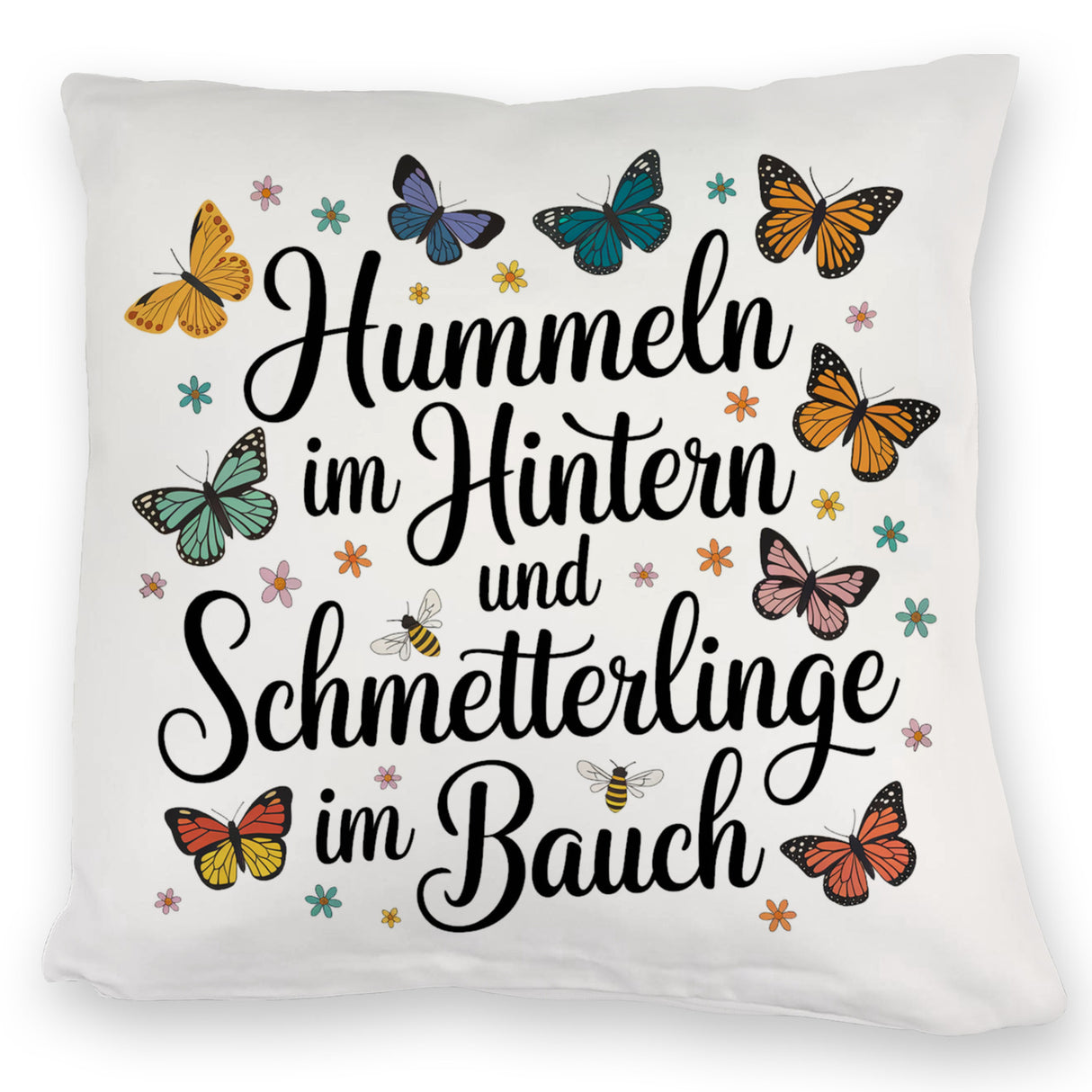 Frühlingsspruch Kissen mit Hummeln und Schmetterlingen