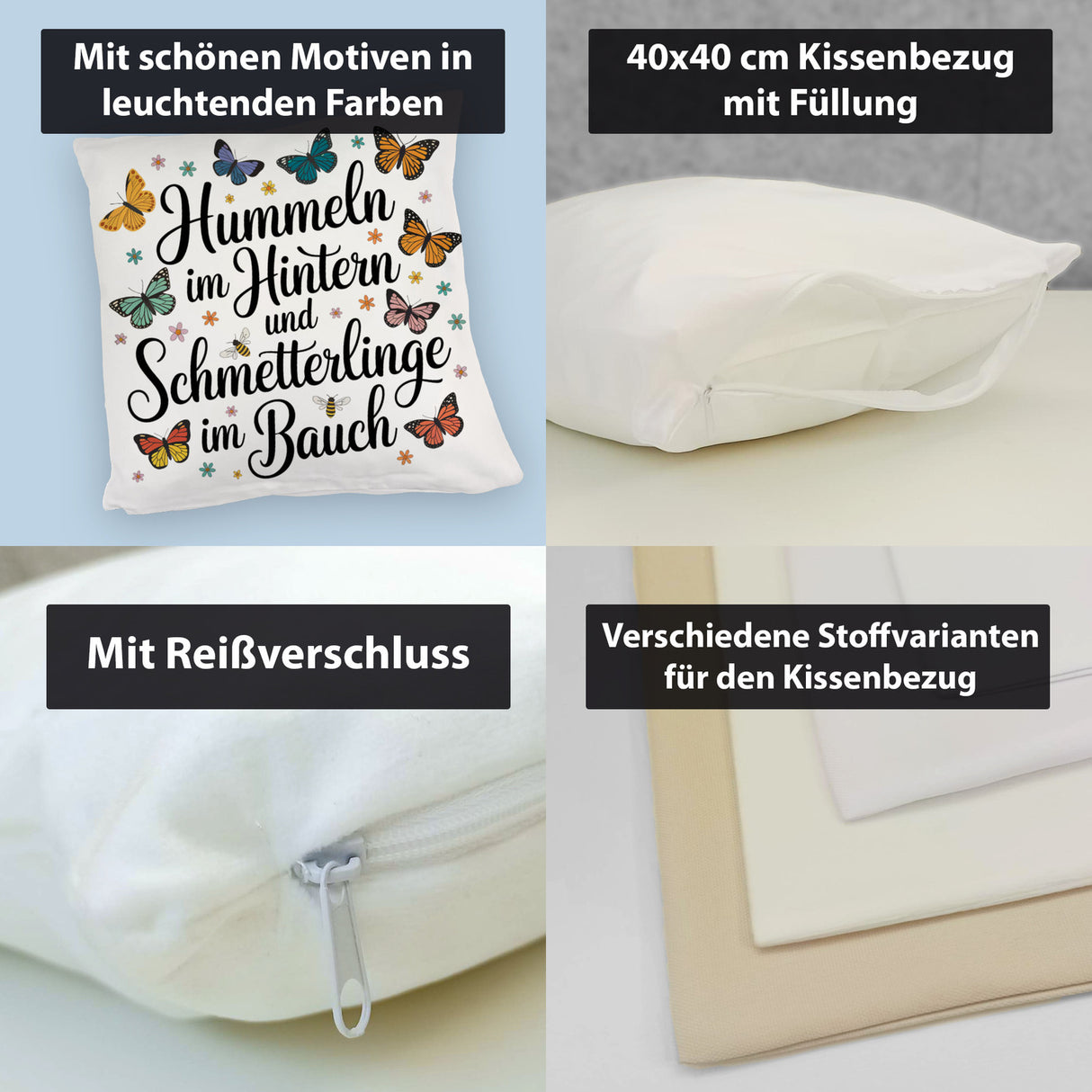 Frühlingsspruch Kissen mit Hummeln und Schmetterlingen