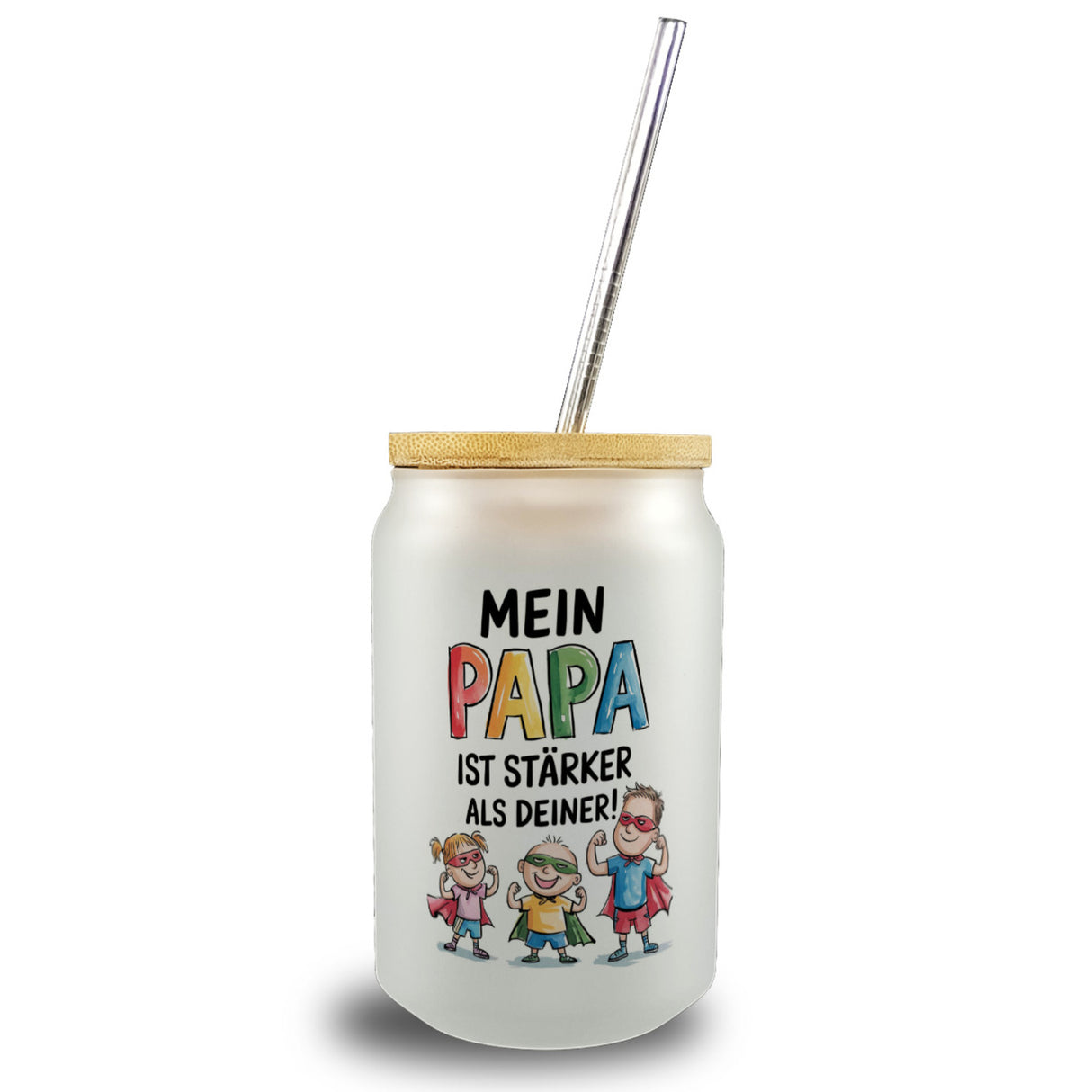 Mein Papa ist der stärkste Superheld Trinkglas mit Bambusdeckel