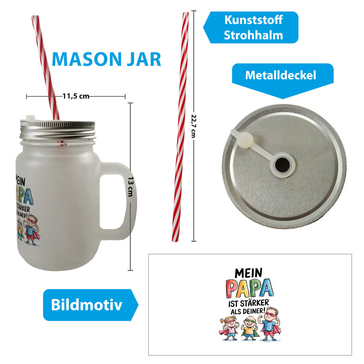 Mein Papa ist der stärkste Superheld Trinkglas mit Bambusdeckel