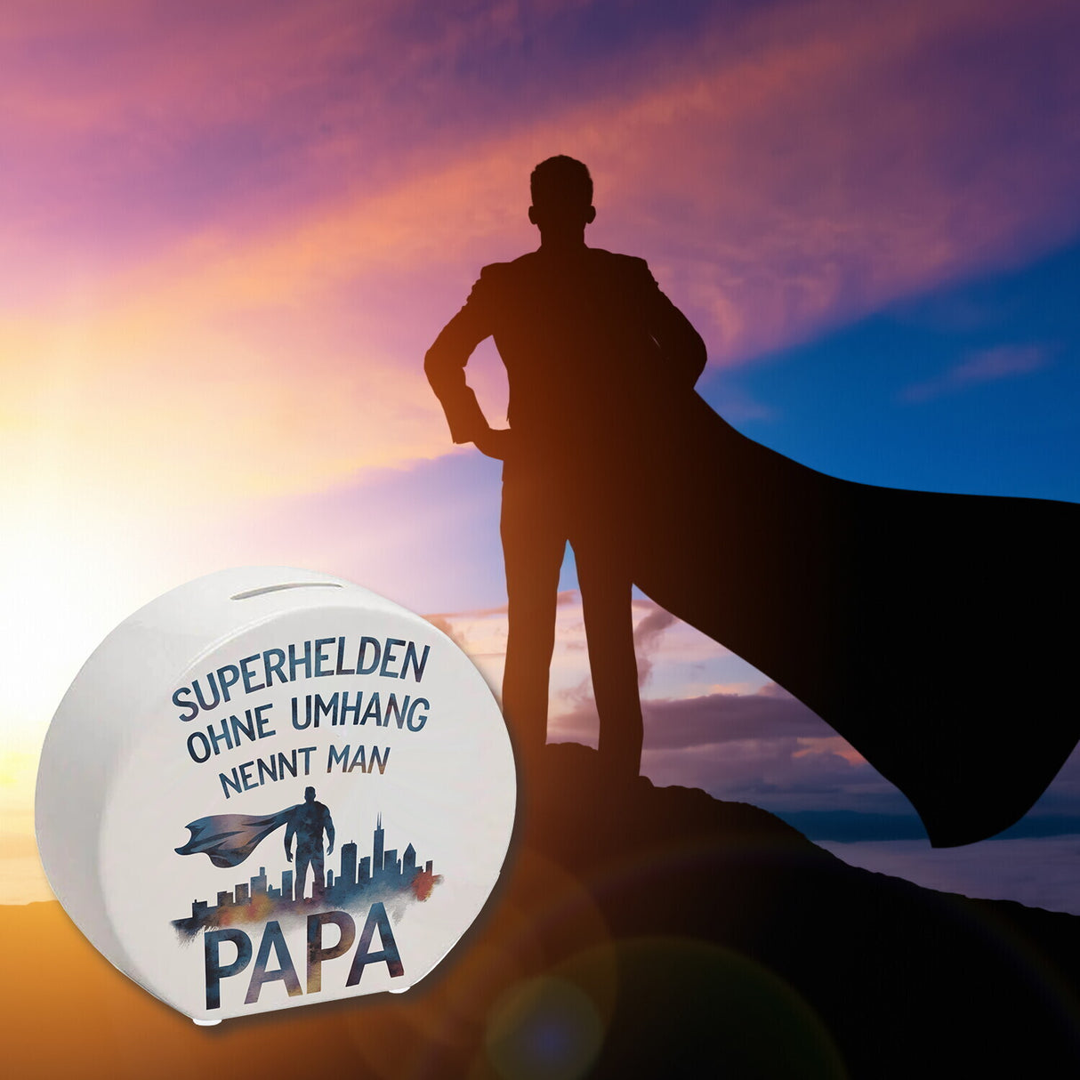 Superhelden Papa Umhang Spardose