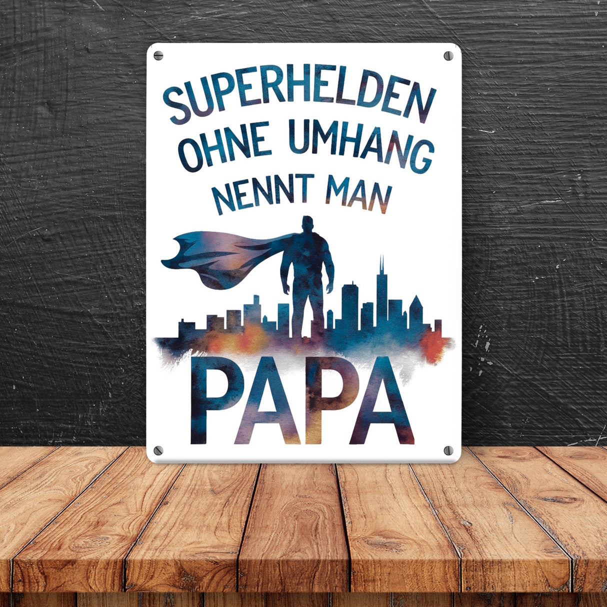 Superhelden Papa Umhang Metallschild in 15x20 cm