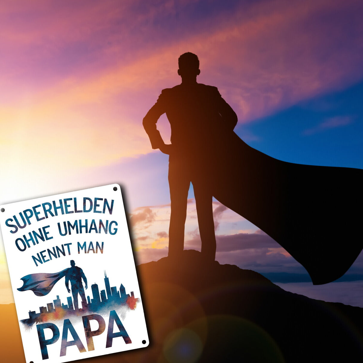 Superhelden Papa Umhang Metallschild in 15x20 cm