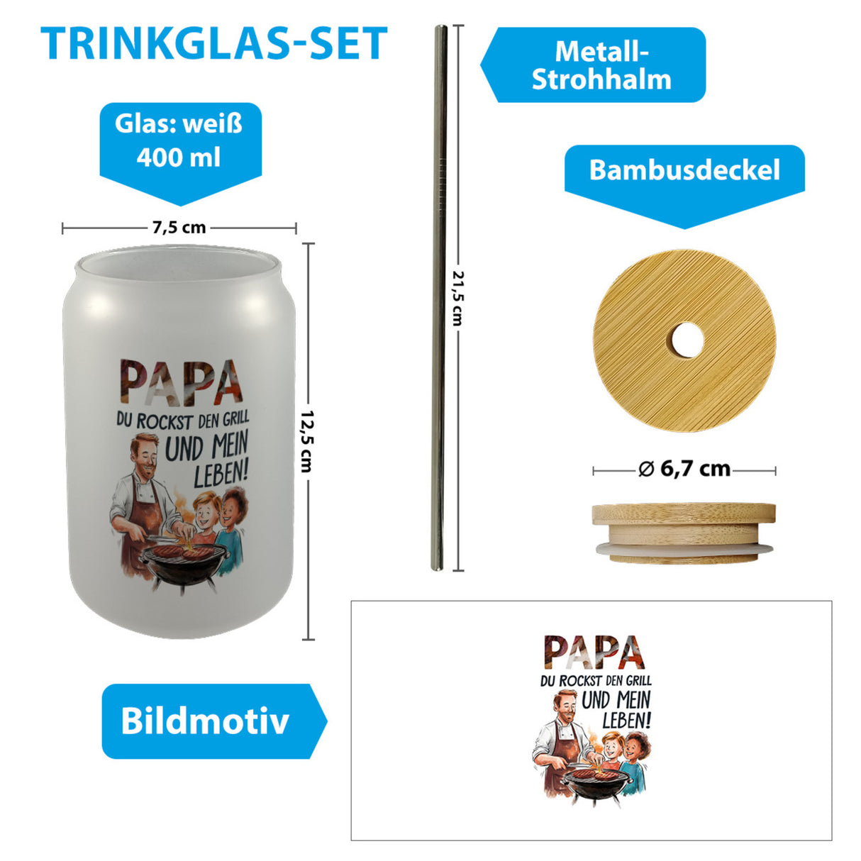 Grillender Vater Papa rockt Trinkglas mit Bambusdeckel