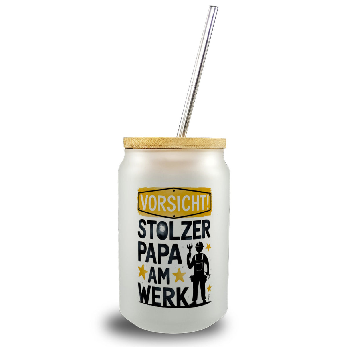 Vorsicht! Stolzer Papa am Werk Trinkglas mit Bambusdeckel