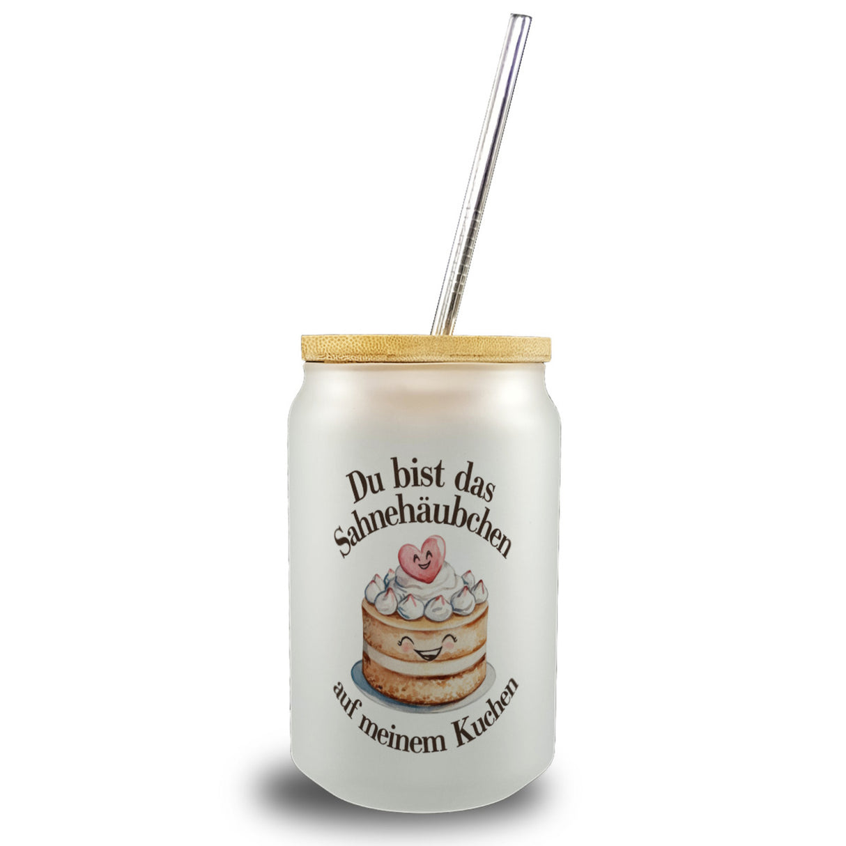 Du bist das Sahnehäubchen Trinkglas mit Bambusdeckel Kuchen mit Sahnehäubchen