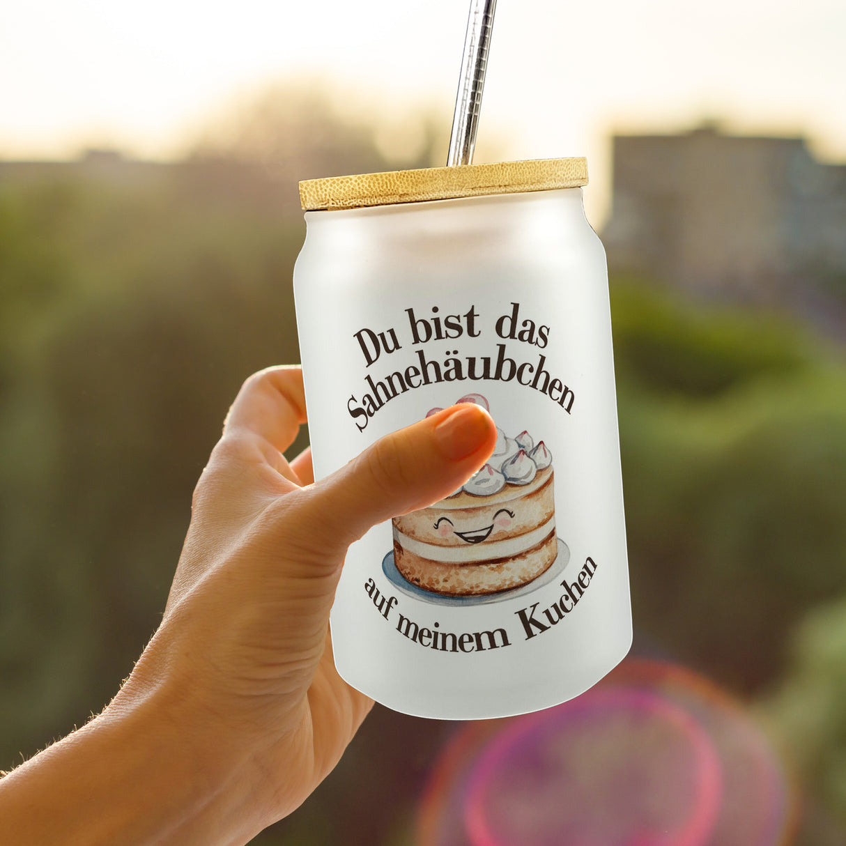 Du bist das Sahnehäubchen Trinkglas mit Bambusdeckel Kuchen mit Sahnehäubchen