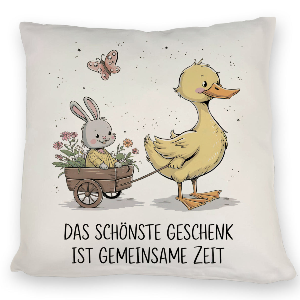 Schöne gemeinsame Zeit Kissen Ente Kaninchen Blütenwagen