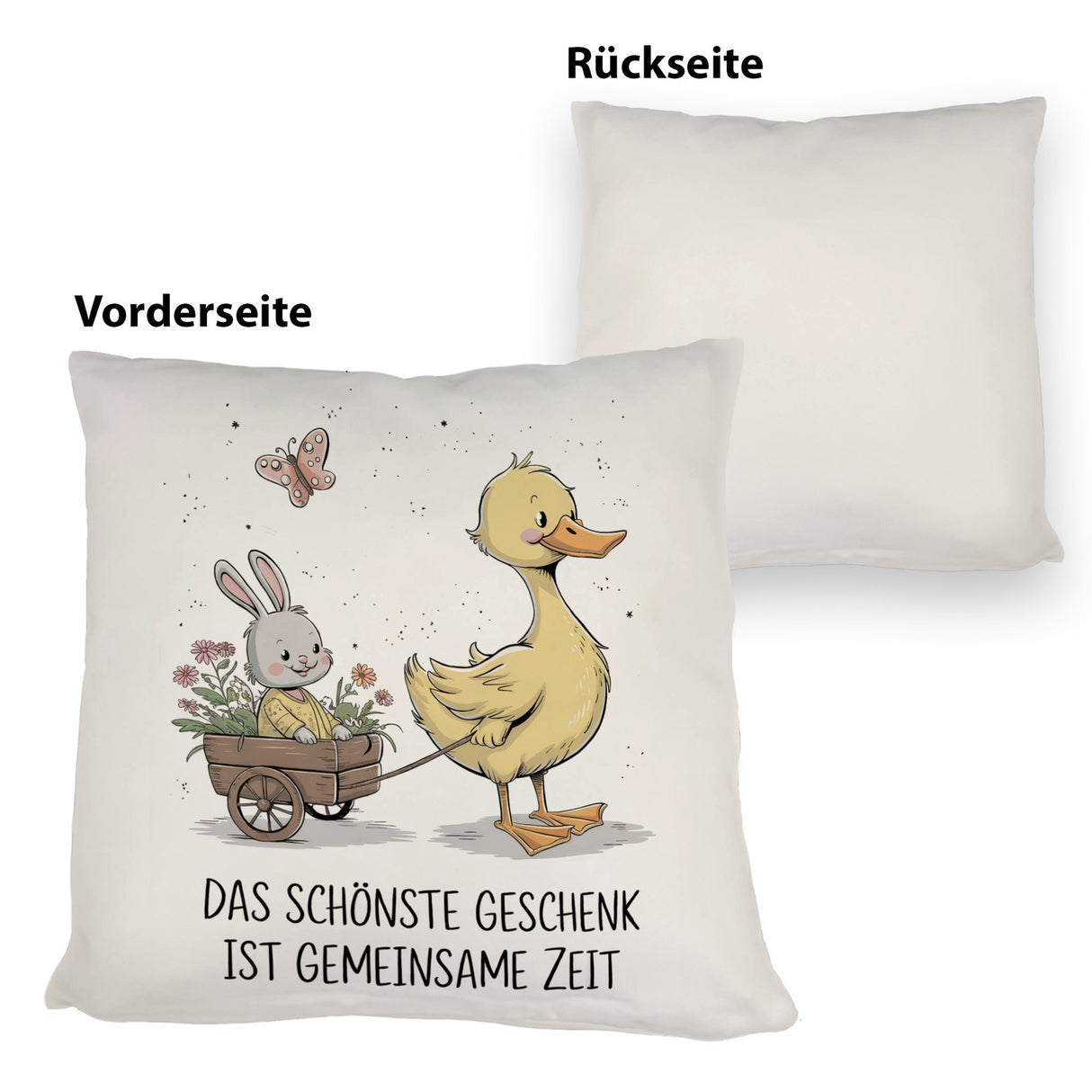 Schöne gemeinsame Zeit Kissen Ente Kaninchen Blütenwagen