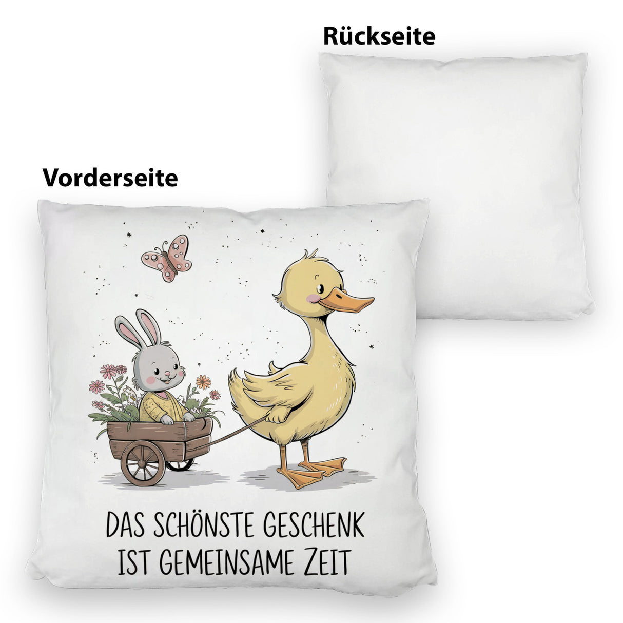 Schöne gemeinsame Zeit Kissen Ente Kaninchen Blütenwagen