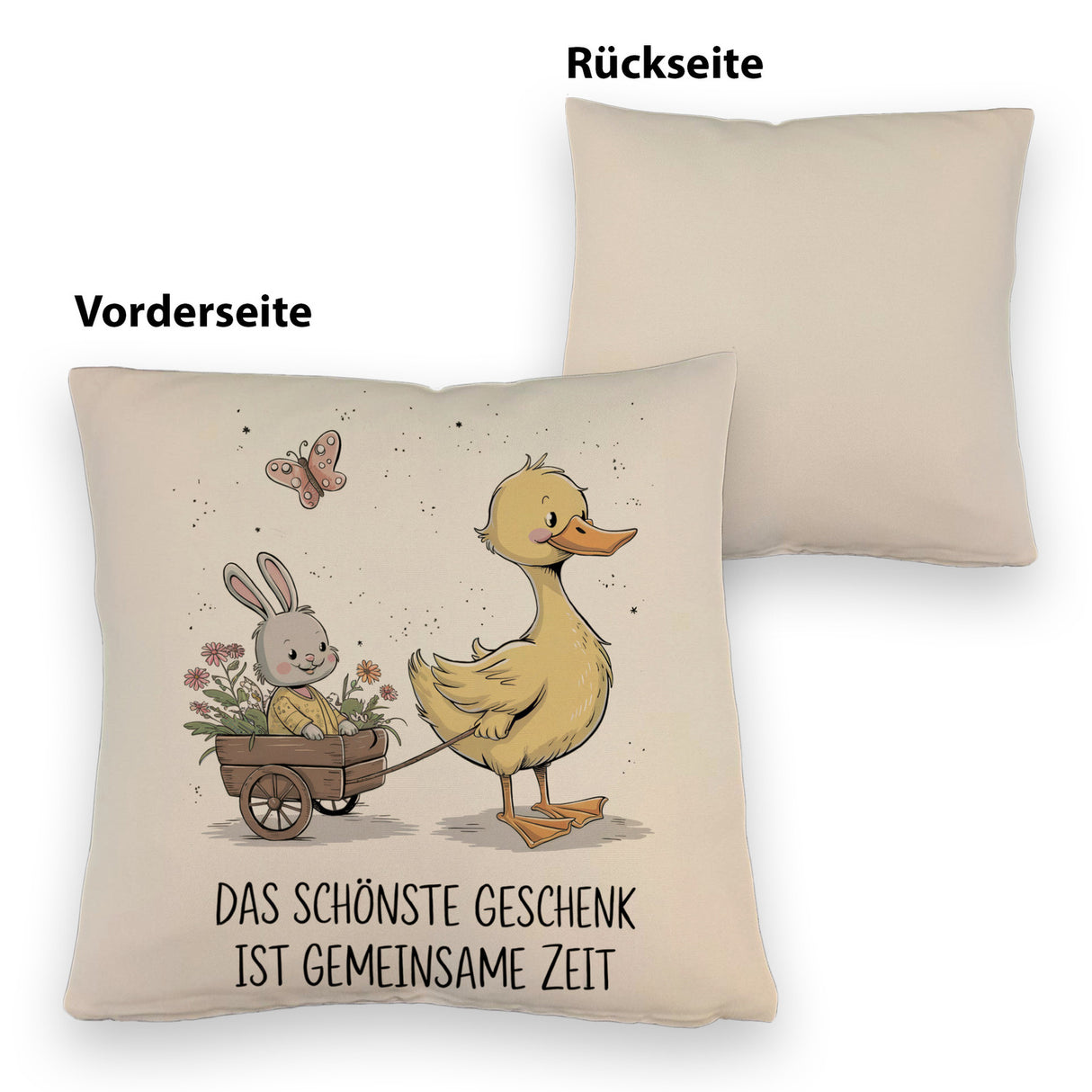 Schöne gemeinsame Zeit Kissen Ente Kaninchen Blütenwagen