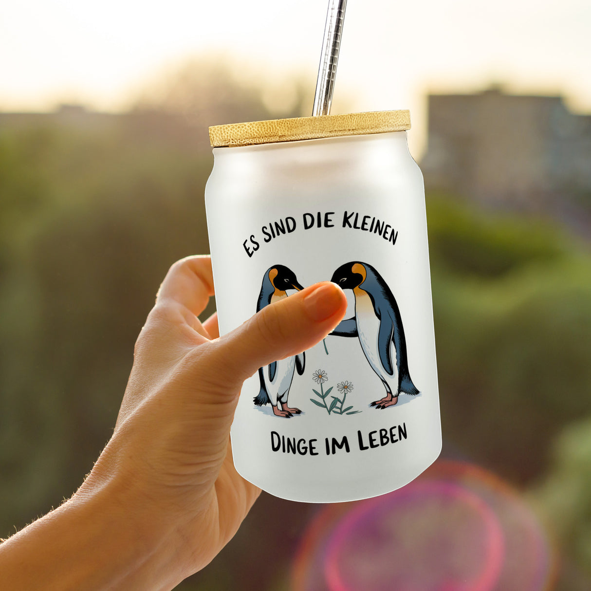 Pinguine Blumen - Es sind die Kleinen Dinge Trinkglas mit Bambusdeckel
