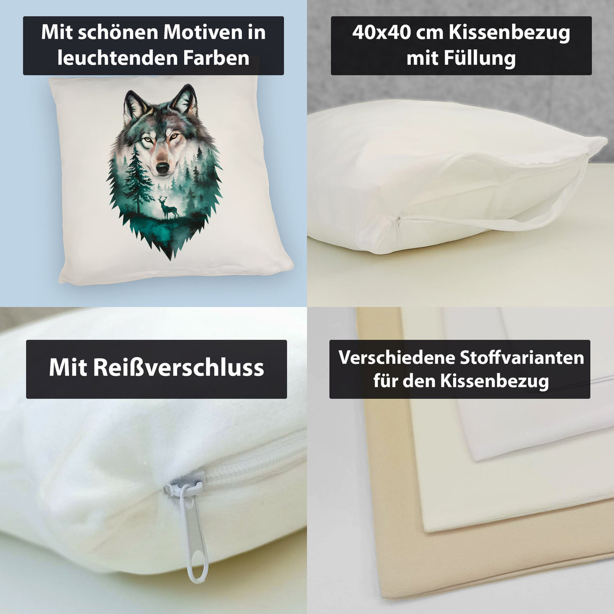 Naturfreunde Kissen Wolf Wald Hirsch Design
