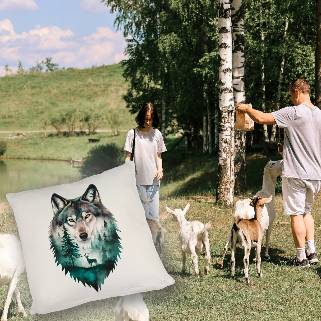 Naturfreunde Kissen Wolf Wald Hirsch Design