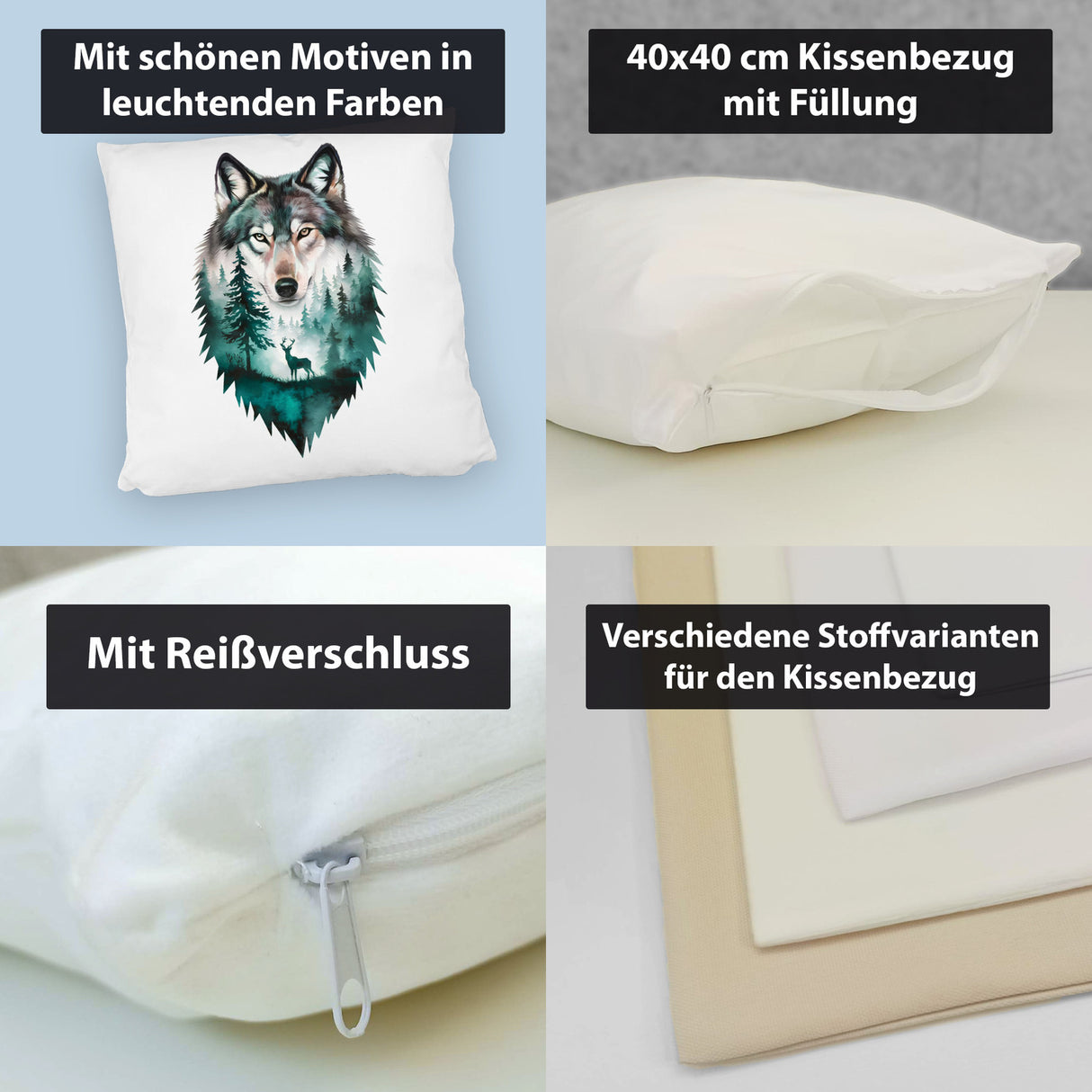 Naturfreunde Kissen Wolf Wald Hirsch Design