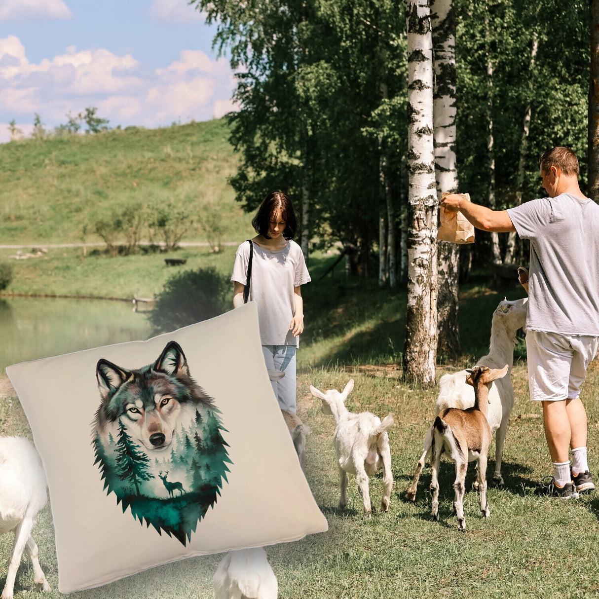 Naturfreunde Kissen Wolf Wald Hirsch Design