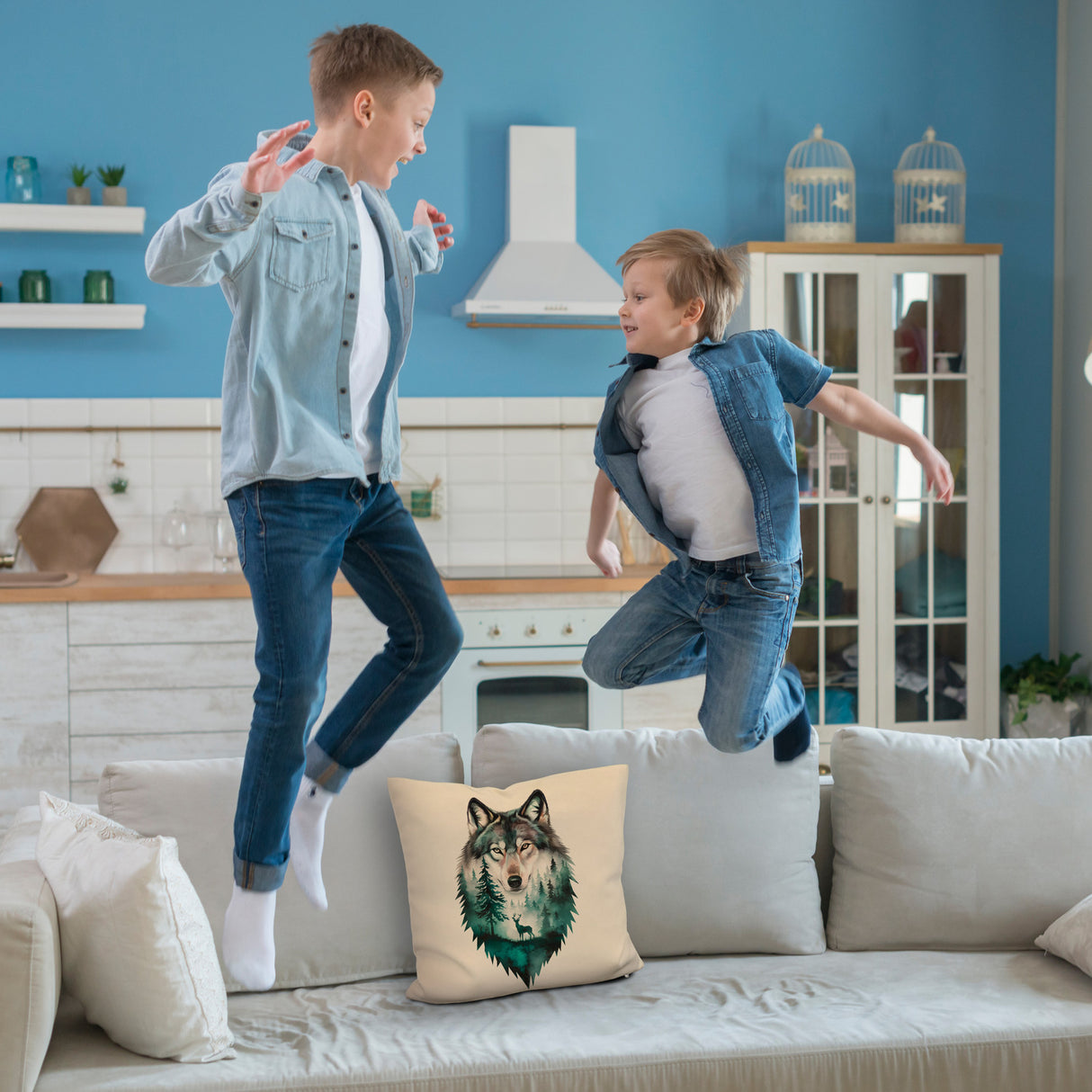 Naturfreunde Kissen Wolf Wald Hirsch Design