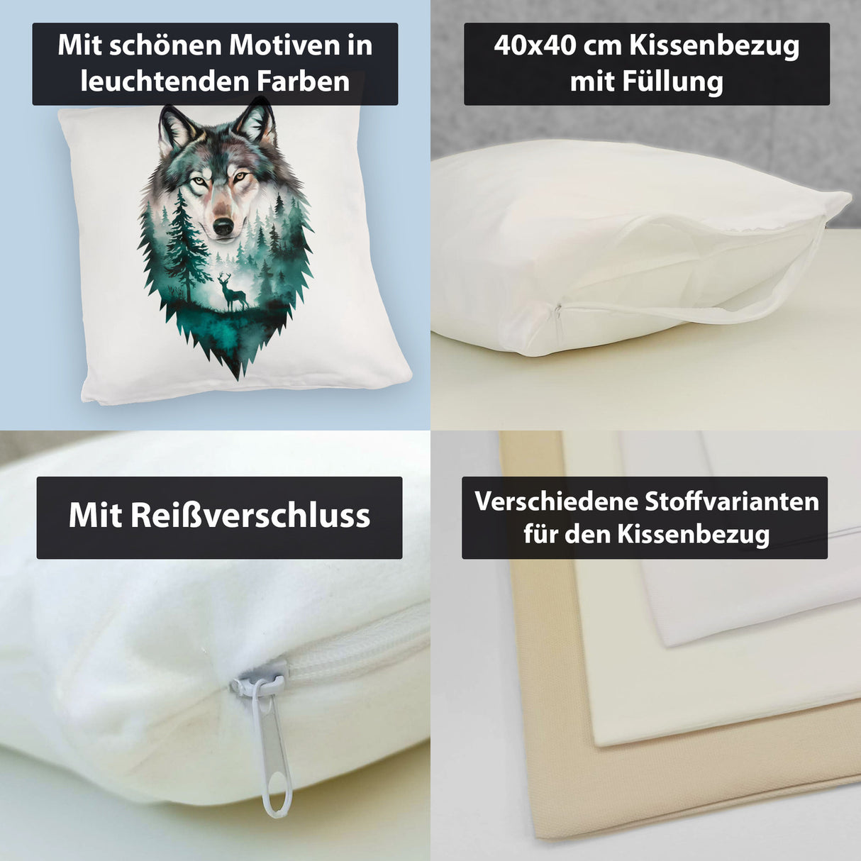 Naturfreunde Kissen Wolf Wald Hirsch Design