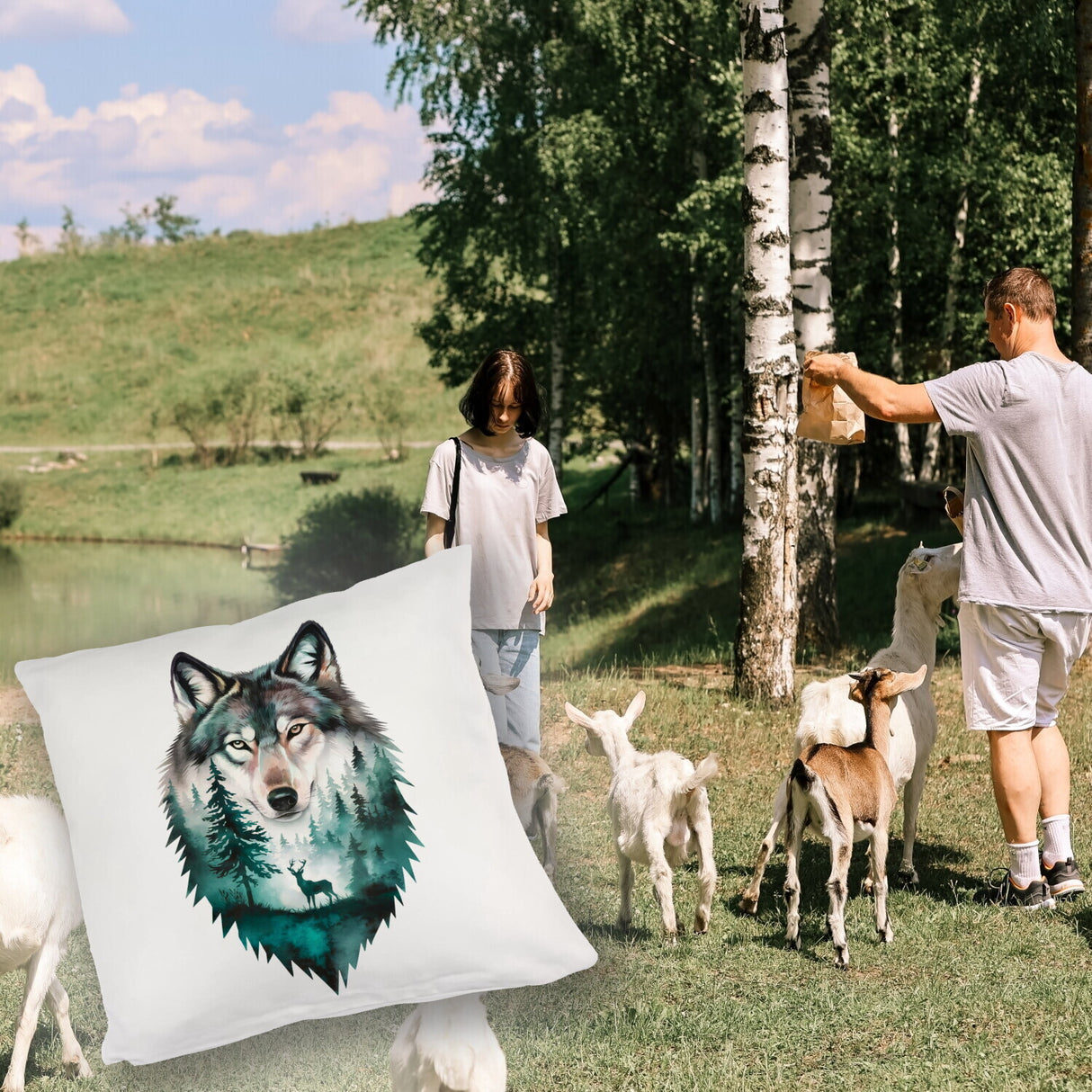 Naturfreunde Kissen Wolf Wald Hirsch Design