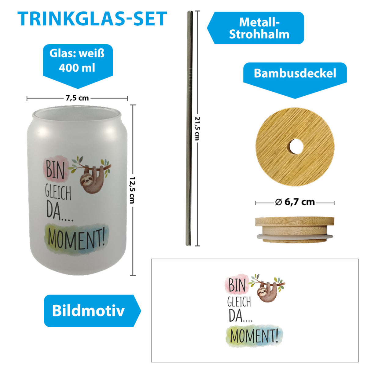 Fröhliches Faultier Bin gleich da Trinkglas mit Bambusdeckel