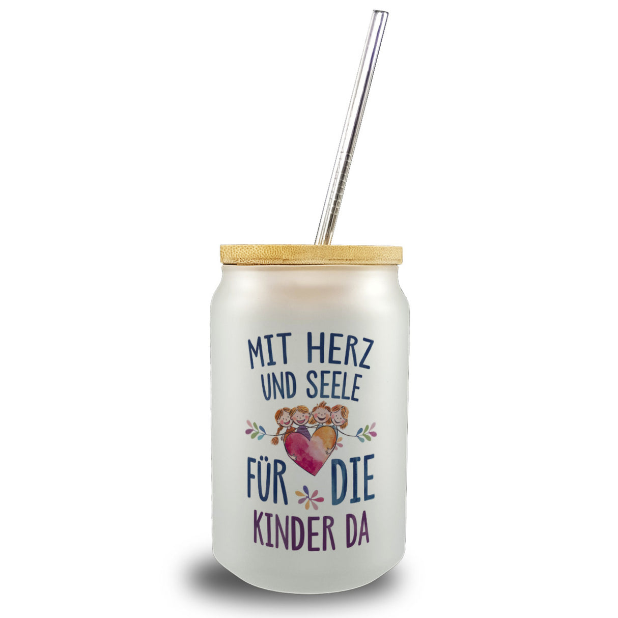 Mit Herz für Kinder da Trinkglas mit Bambusdeckel Herz Umarmt Kinder
