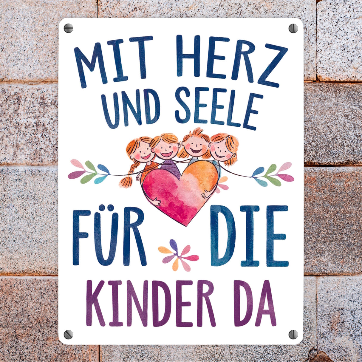 Mit Herz für Kinder da Metallschild in 15x20 cm Herz Umarmt Kinder