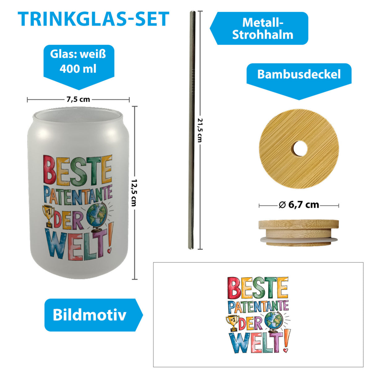 Beste Patentante der Welt Trinkglas mit Bambusdeckel goldener Pokal Globus