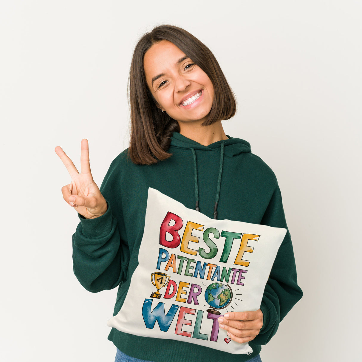 Beste Patentante der Welt Kissen goldener Pokal Globus