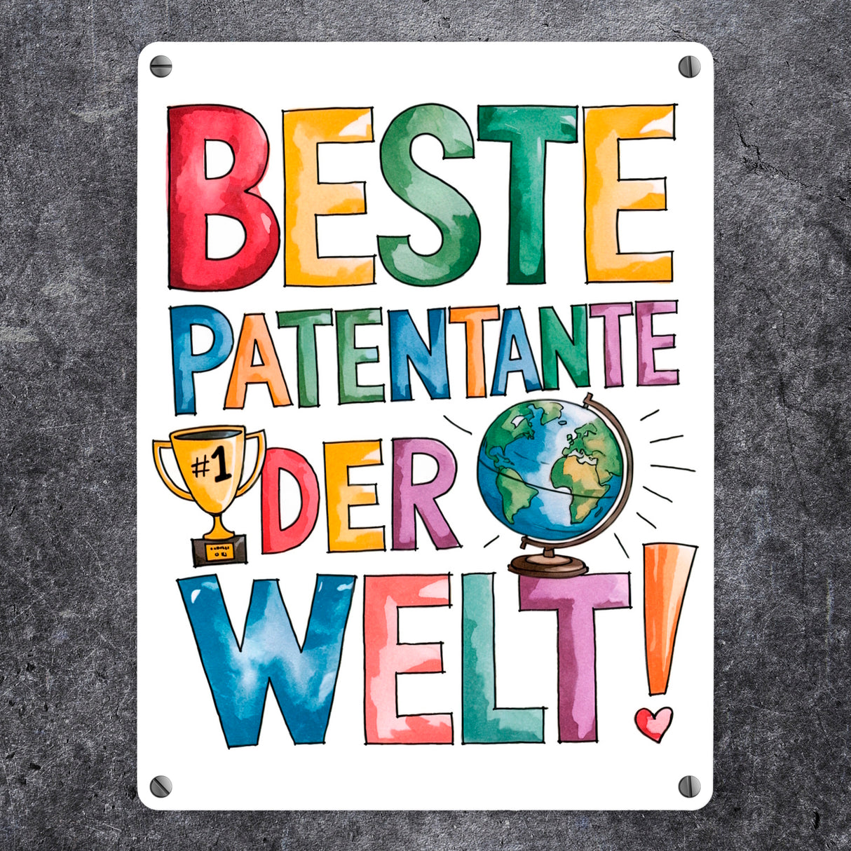 Beste Patentante der Welt Metallschild in 15x20 cm goldener Pokal Globus