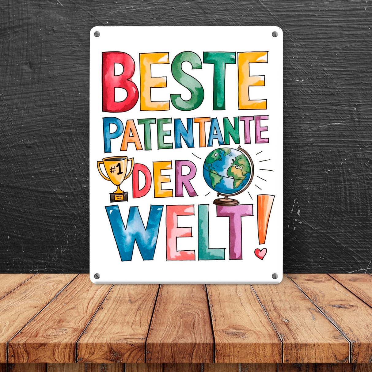 Beste Patentante der Welt Metallschild in 15x20 cm goldener Pokal Globus