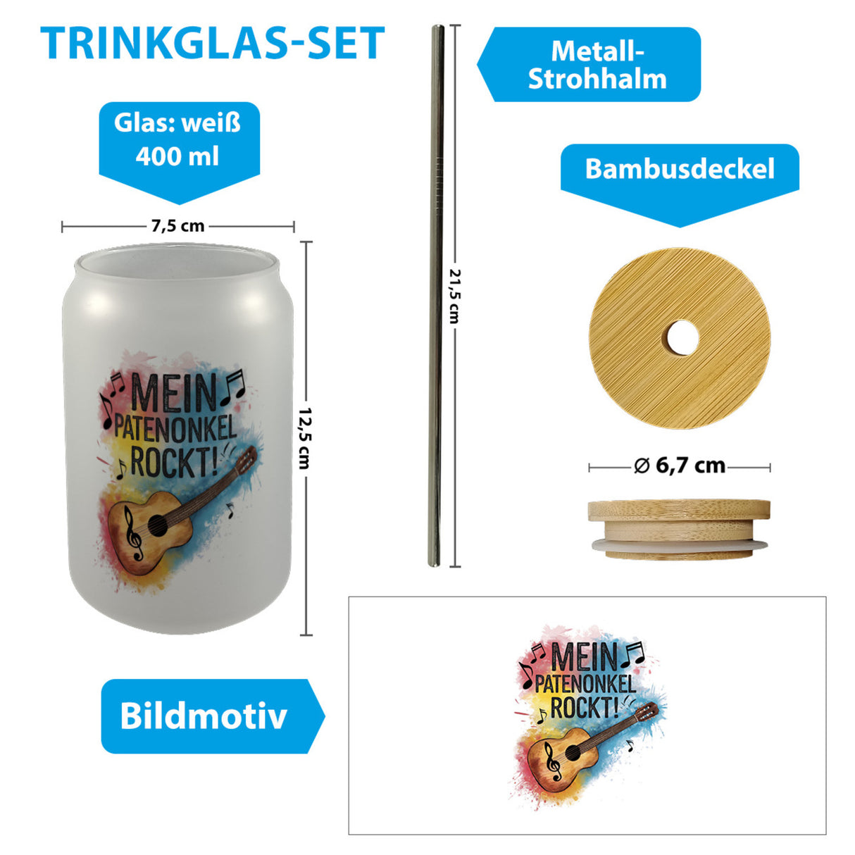 Mein Patenonkel rockt Trinkglas mit Bambusdeckel Gitarre