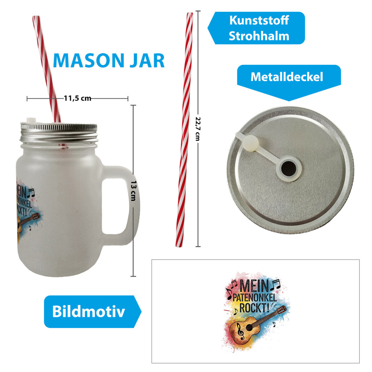 Mein Patenonkel rockt Trinkglas mit Bambusdeckel Gitarre