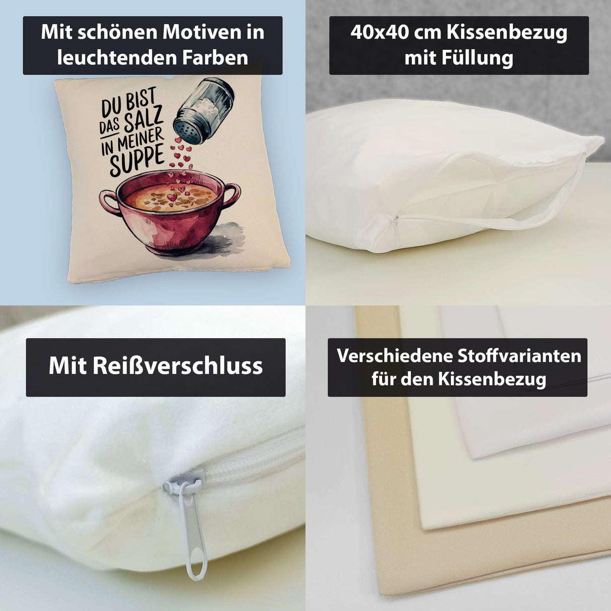 Du bist das Salz Kissen Salzstreuer und Suppe