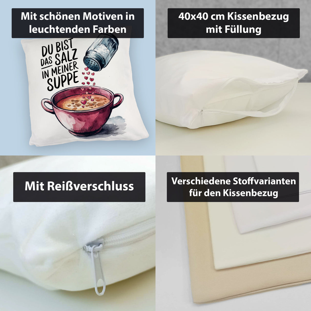 Du bist das Salz Kissen Salzstreuer und Suppe