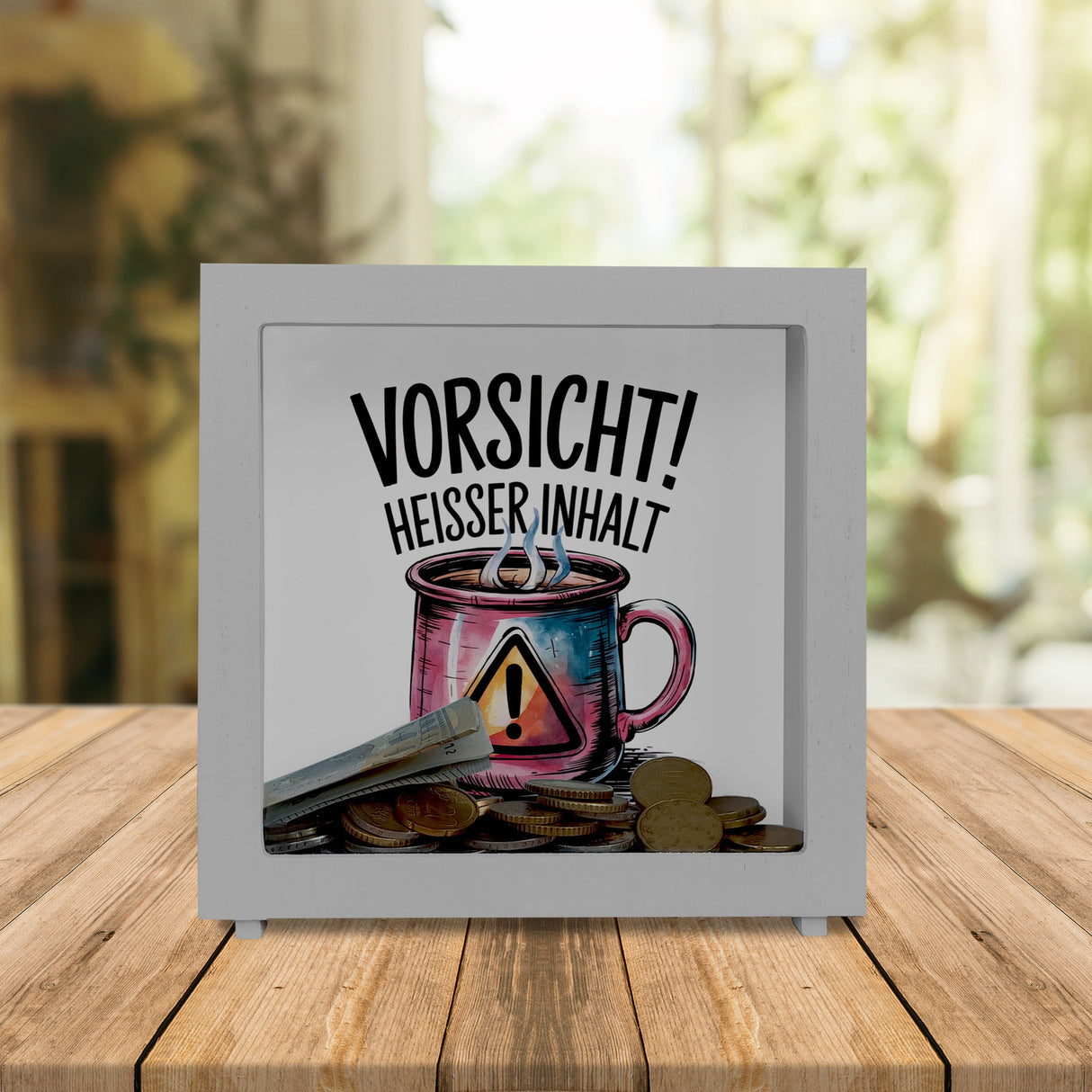Dampfende Tasse Vorsicht Heißer Inhalt Spardose