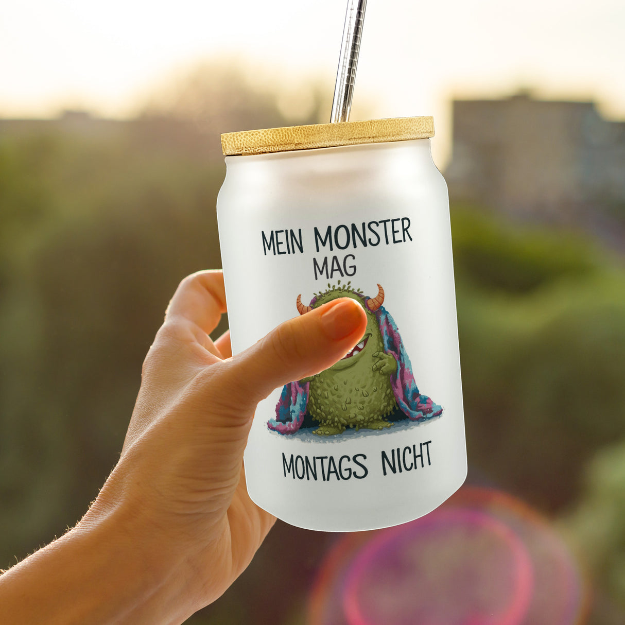 Grünes Monster mit Decke Montagsmuffel Trinkglas mit Bambusdeckel