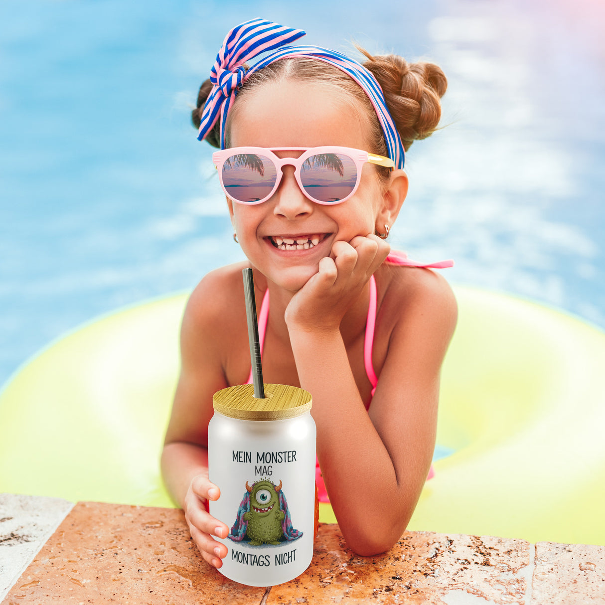 Grünes Monster mit Decke Montagsmuffel Trinkglas mit Bambusdeckel