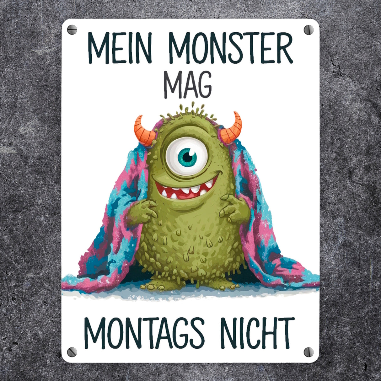 Grünes Monster mit Decke Montagsmuffel Metallschild in 15x20 cm